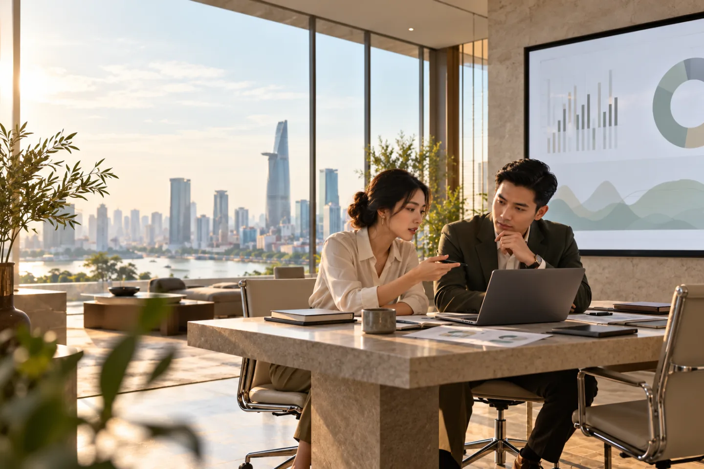 Ảnh minh họa AI: hai chuyên viên Việt Nam trao đổi chiến lược trong văn phòng tại TP.HCM, không đại diện đội ngũ VITAXCEL
